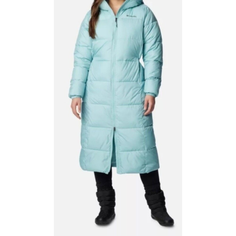 NEW XS COLUMBIA Puffect Long Quilted Jacket Women's Aqua Haze Parka Zip Hood